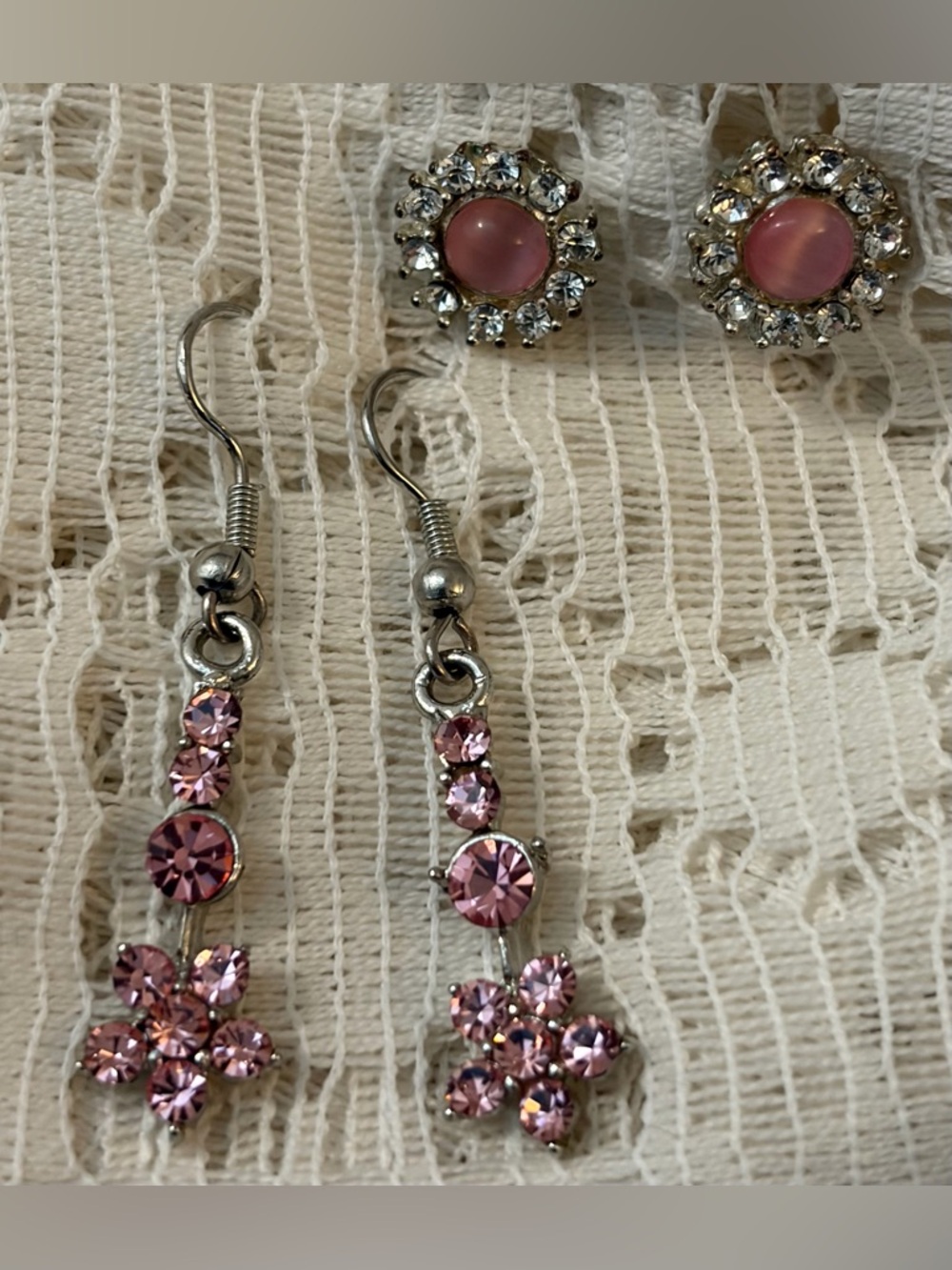 3/$30✨🌸Sparkling Pink Floral Duo🌸✨ Cat’s Eye Studs & Crystal Dangles💖Fairycore